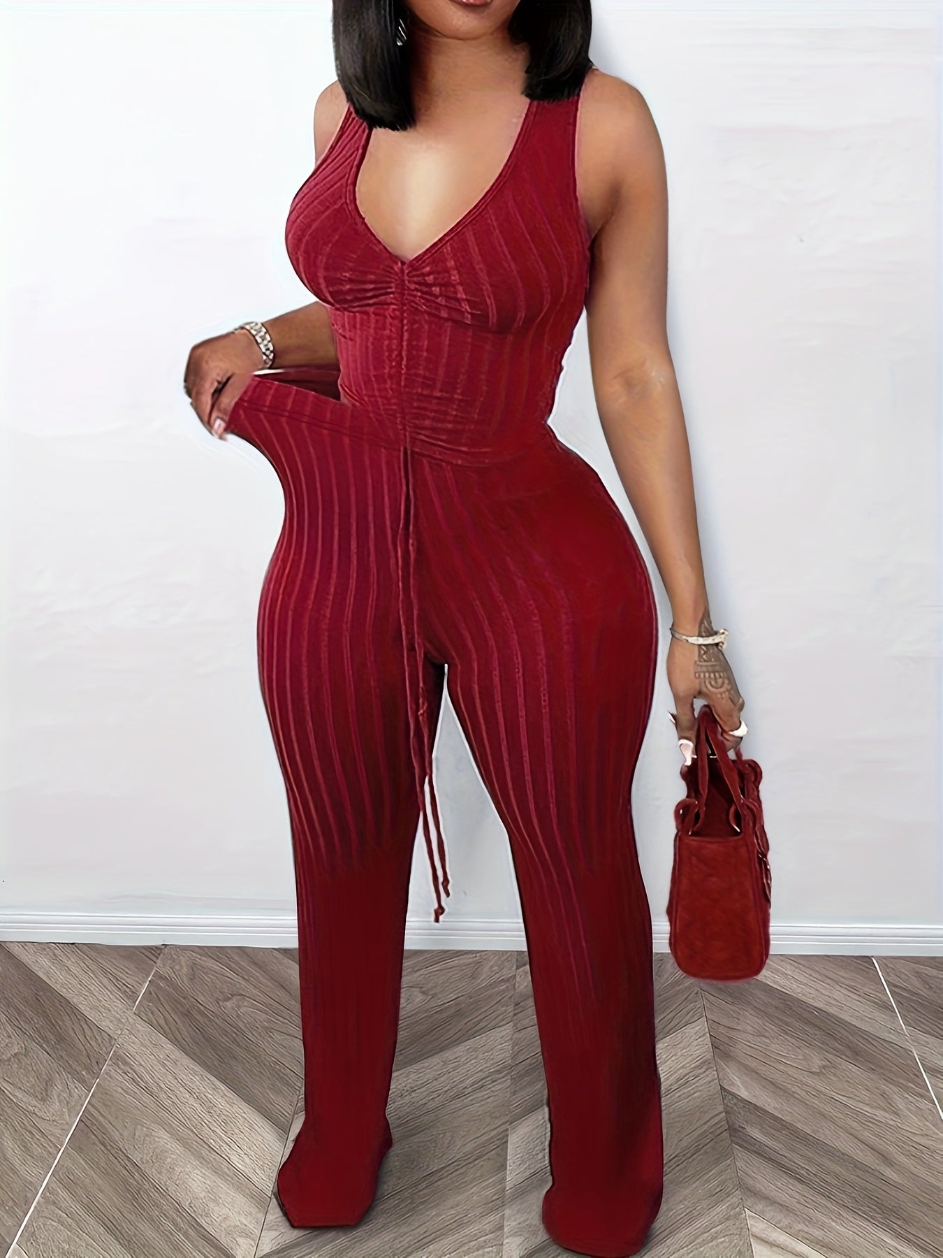 Women's Fashion Sexy Solid Color Drawstring Bra Vest High-waisted Flared Pants Two-piece Elastic Pit Strip Leisure Pant Suits