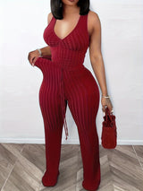 Women's Fashion Sexy Solid Color Drawstring Bra Vest High-waisted Flared Pants Two-piece Elastic Pit Strip Leisure Pant Suits