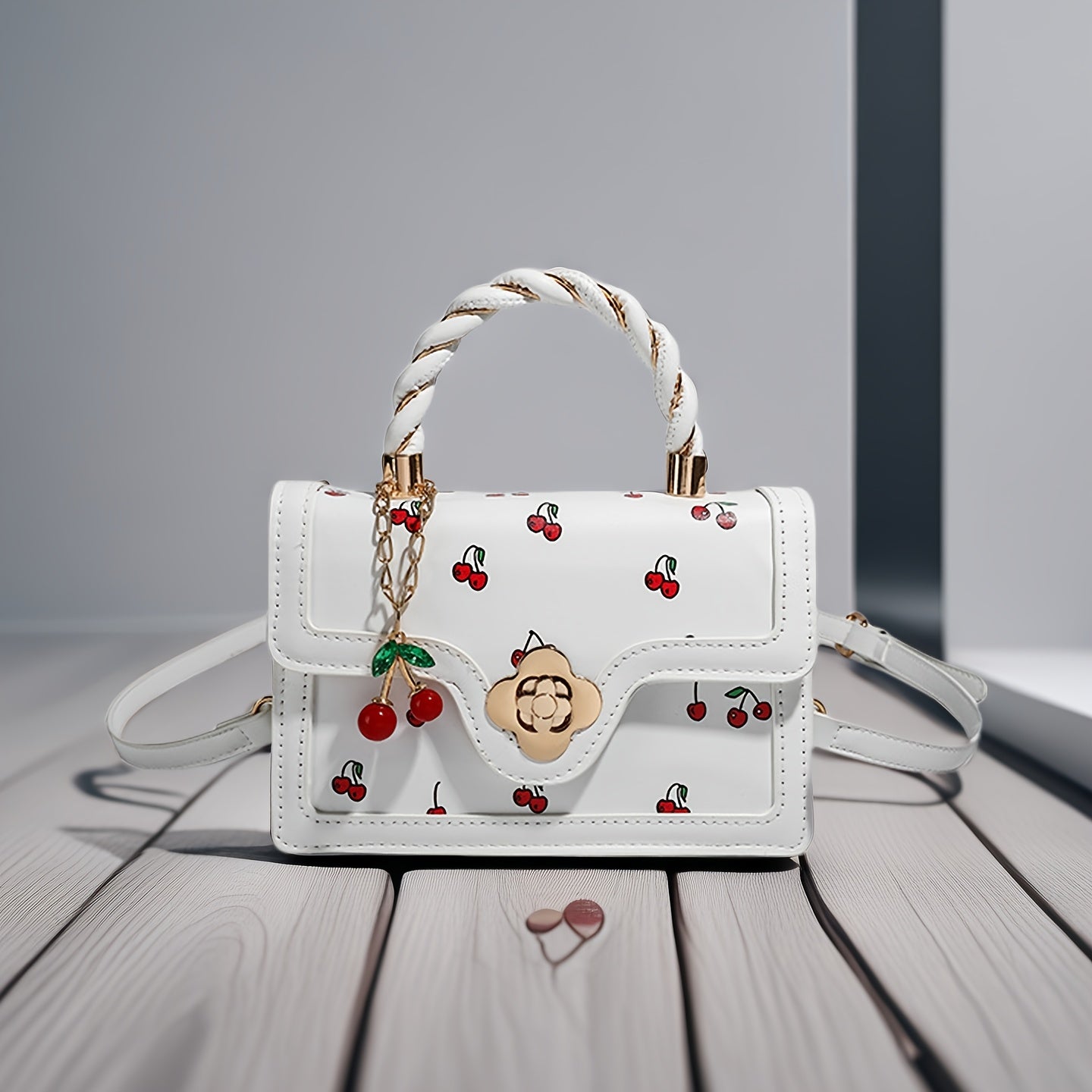 Women's Cherry Print Crossbody Bag with Adjustable Strap - Red Synthetic Leather Handbag, Golden-Tone Clasp Closure & Synthetic Leather Lining for Casual & Formal Occasions