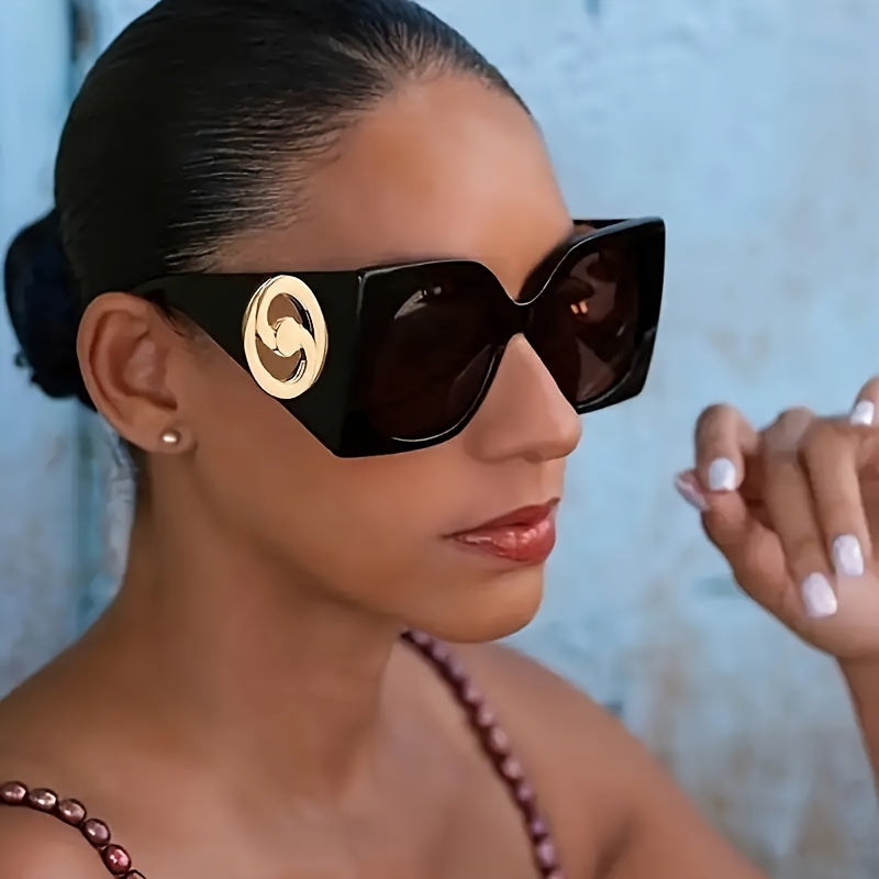 Vintage Oversized Square Fashion Glasses - Women's Retro Designer Eyewear with Golden Accents