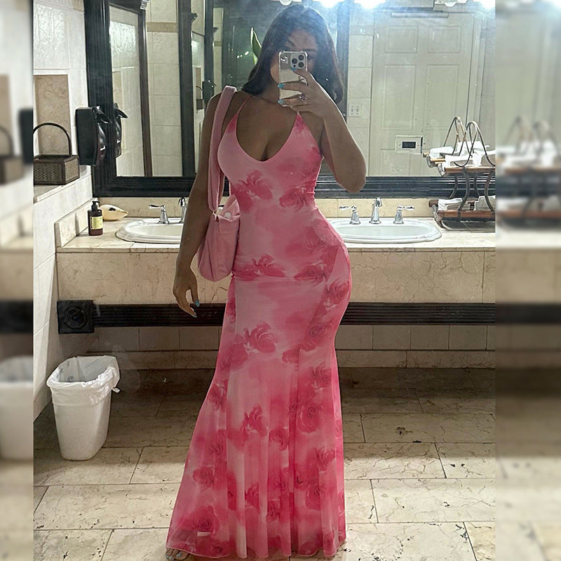 Casual Printed Backless Sling Slim Fishtail Length Dress