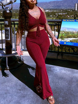 Women's Fashion Sexy Solid Color Drawstring Bra Vest High-waisted Flared Pants Two-piece Elastic Pit Strip Leisure Pant Suits