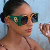 Vintage Oversized Square Fashion Glasses - Women's Retro Designer Eyewear with Golden Accents