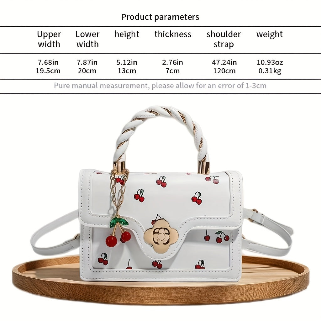 Women's Cherry Print Crossbody Bag with Adjustable Strap - Red Synthetic Leather Handbag, Golden-Tone Clasp Closure & Synthetic Leather Lining for Casual & Formal Occasions