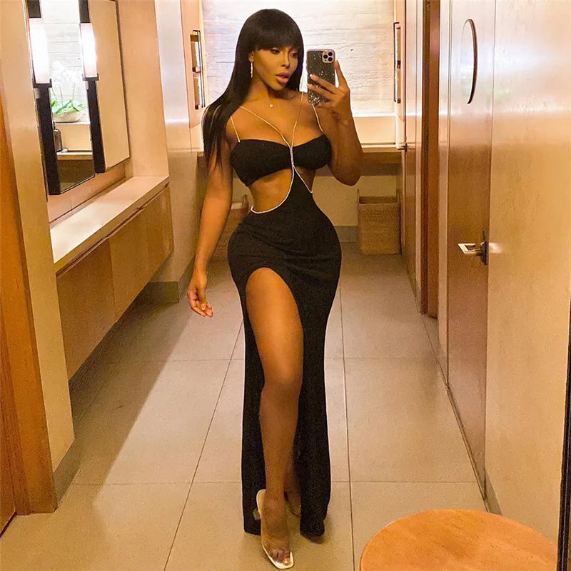 Sexy Diamond Strap Long Party Dress - Elegant High Split Bodycon Evening Dress