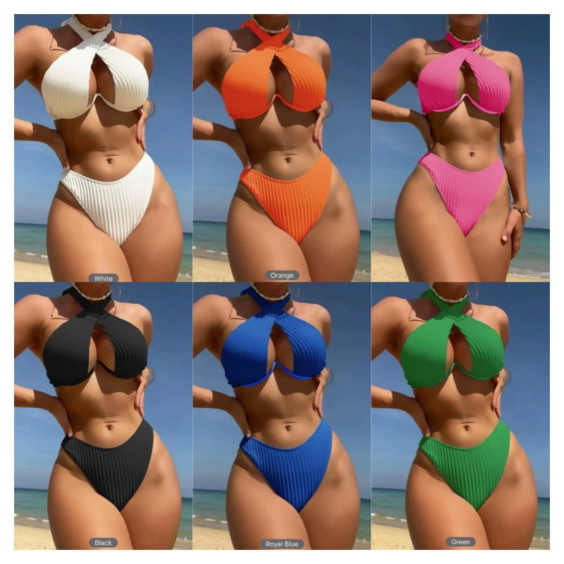 Hot Sale Underwire Sexy Backless Split Swimsuit Women Bikinis Backless Bikini Swimsuit