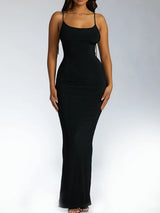 Sexy Ribbed Knitting Backless Bodycon Maxi Dress Women Spaghetti Strap Solid Color Long Evening Dress Club Party Vestidos