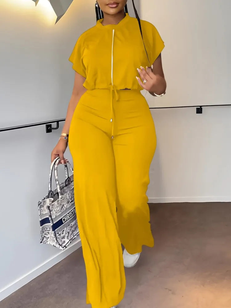 Women's Summer Drawstring Set: Casual Round Neck Top & High-Waist Pants in Solid Hues