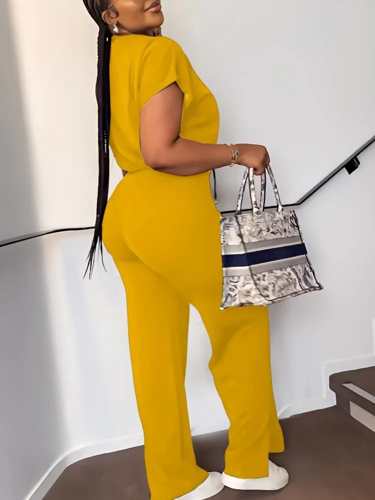 Women's Summer Drawstring Set: Casual Round Neck Top & High-Waist Pants in Solid Hues