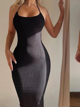Sexy Ribbed Knitting Backless Bodycon Maxi Dress Women Spaghetti Strap Solid Color Long Evening Dress Club Party Vestidos