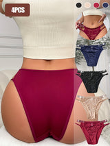 4pcs Rhinestone Sparkling Sexy Panties Breathable Soft, Unique Rhinestone Decoration with High Elasticity Design Suitable for Dating, Party, Daily Wear Floral Lace and Fashion Belt Comfort Fit Revealing Curves