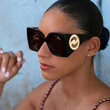 Vintage Oversized Square Fashion Glasses - Women's Retro Designer Eyewear with Golden Accents
