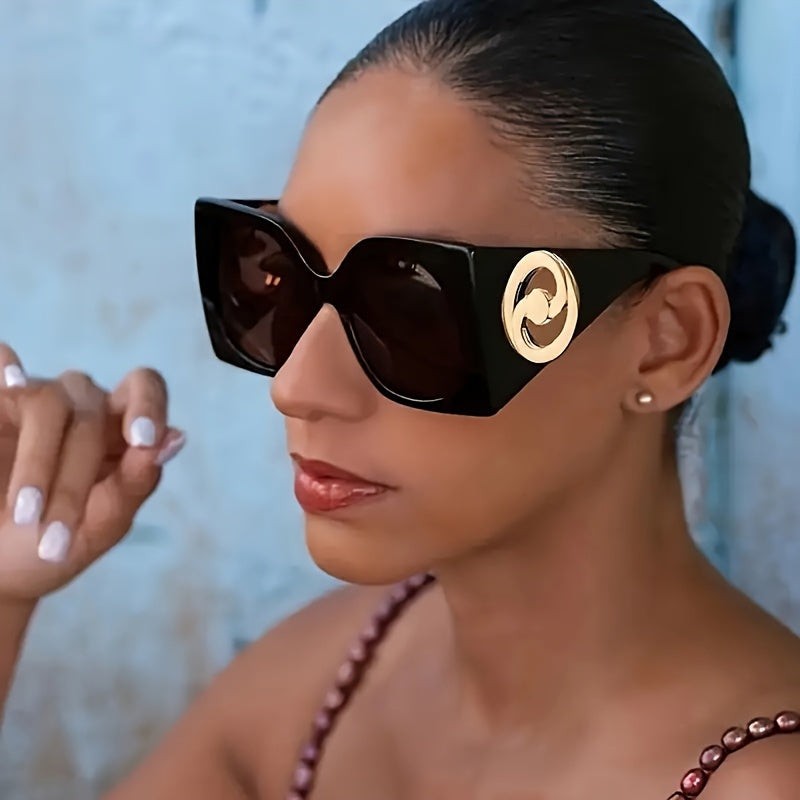 Vintage Oversized Square Fashion Glasses - Women's Retro Designer Eyewear with Golden Accents