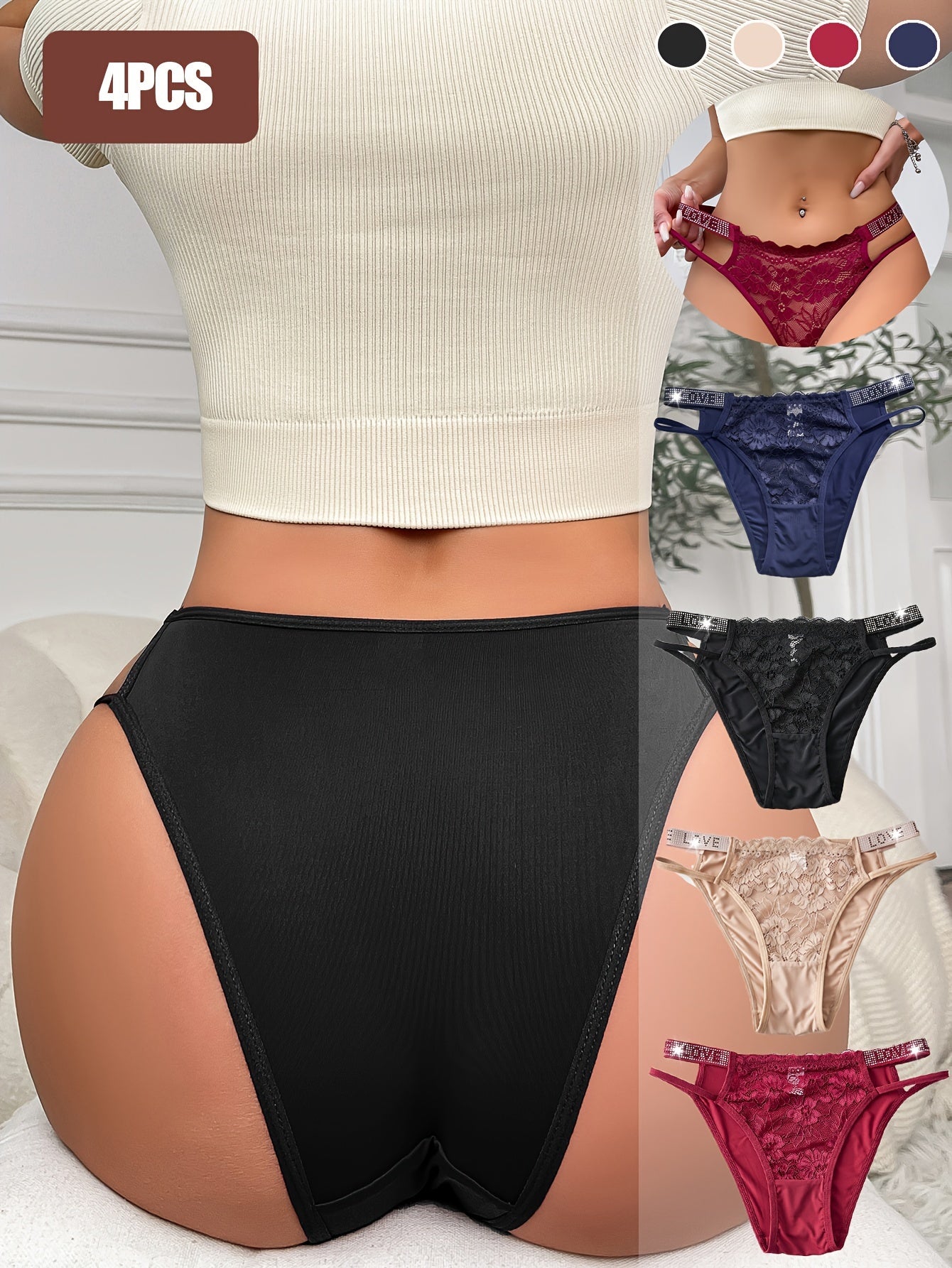 4pcs Rhinestone Sparkling Sexy Panties Breathable Soft, Unique Rhinestone Decoration with High Elasticity Design Suitable for Dating, Party, Daily Wear Floral Lace and Fashion Belt Comfort Fit Revealing Curves