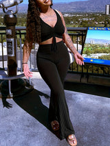 Women's Fashion Sexy Solid Color Drawstring Bra Vest High-waisted Flared Pants Two-piece Elastic Pit Strip Leisure Pant Suits